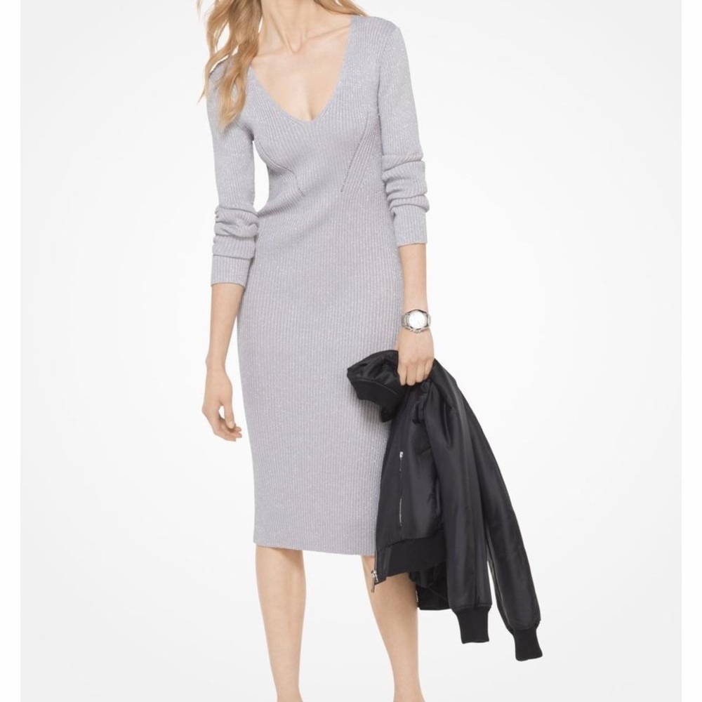 Michael Kors metallic ribbed V-neck sweater dress